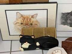 Pair of framed cat prints, wooden cat puzzle box