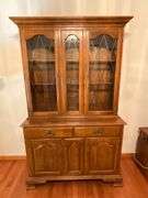Ethan Allen two-piece china hutch, lighted, plate rails, flatware drawer
