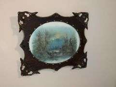 Antique frame with river scene, some damage to the frame