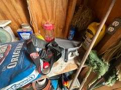 Garden supplies, flower pots, rake, Black & Decker cordless blower (no charger)