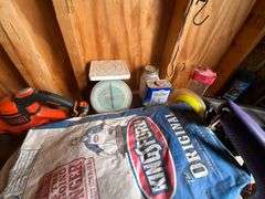 Garden supplies, flower pots, rake, Black & Decker cordless blower (no charger)