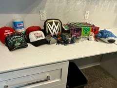 Fridge wine rack, hat, shot glasses, WWF fanny pack, etc.