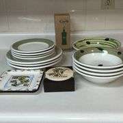 Olive themed dishes, Maxam, JAM, olive oil bottle, snack tray, coasters