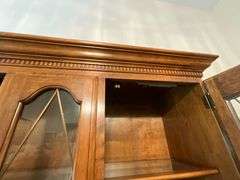 Ethan Allen two-piece china hutch, lighted, plate rails, flatware drawer