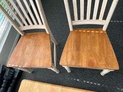 Wooden kitchen table with leaf and 2 chairs, needs refinishing and assembly