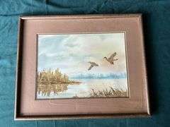 Framed and matted watercolor ducks, 20 3/4" W x 17" T