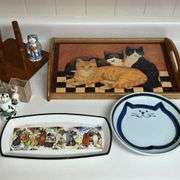 Cat teapot, wooden serving tray, footed bowl, salt & pepper shakers, etc.