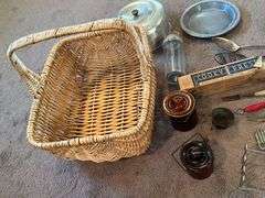 Vintage kitchen utensils, strainers, crocks