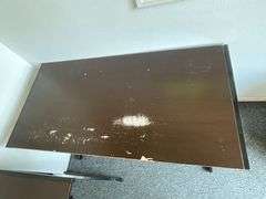 Contemporary office desk and computer work station, metal legs, composite tops, some surface wear