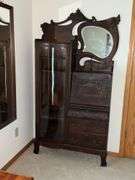 Antique secretary with curved glass and drop front desk with key