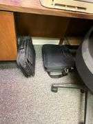 Wood corner desk (60" W x 30" T x 29" D), HP printers, Brother printer, Underwood adding machine