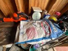 Garden supplies, flower pots, rake, Black & Decker cordless blower (no charger)