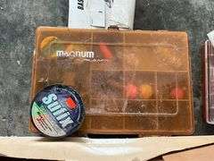 Fishing tackle, hooks, bobbers, sinkers, line, tackle box, etc.