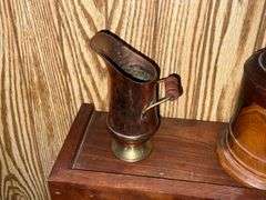 Wooden box with lid, brass pitcher, etc.