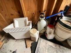 Garden supplies, flower pots, rake, Black & Decker cordless blower (no charger)