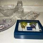 Mikasa serving bowl, oval trays, bottle stoppers