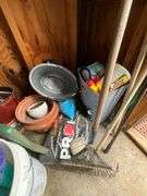 Garden supplies, flower pots, rake, Black & Decker cordless blower (no charger)