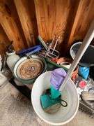 Garden supplies, flower pots, rake, Black & Decker cordless blower (no charger)