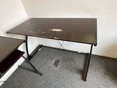 Contemporary office desk and computer work station, metal legs, composite tops, some surface wear
