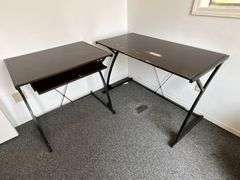 Contemporary office desk and computer work station, metal legs, composite tops, some surface wear