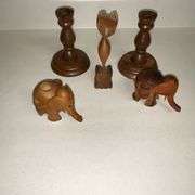 Walnut Factory Store candlesticks, wooden cat and pair of wooden elephants