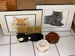 Pair of framed cat prints, wooden cat puzzle box