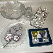 Mikasa serving bowl, oval trays, bottle stoppers