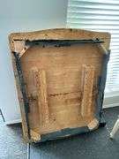 Wooden kitchen table with leaf and 2 chairs, needs refinishing and assembly