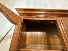 Ethan Allen two-piece china hutch, lighted, plate rails, flatware drawer