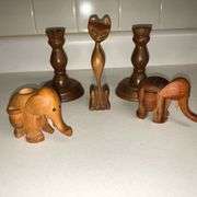 Walnut Factory Store candlesticks, wooden cat and pair of wooden elephants