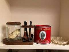 Pipe stand with tobacco jar, Prince Albert can