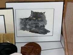Pair of framed cat prints, wooden cat puzzle box