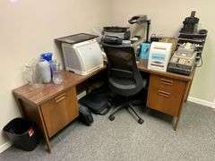 Wood corner desk (60" W x 30" T x 29" D), HP printers, Brother printer, Underwood adding machine