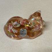 Sleeping Fenton Glass cat, hand decorated with tag