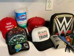Fridge wine rack, hat, shot glasses, WWF fanny pack, etc.