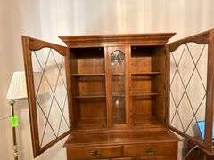 Ethan Allen two-piece china hutch, lighted, plate rails, flatware drawer