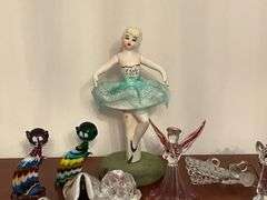 Ballerina figurine, blown glass pieces, pewter fortune cookies, etc.