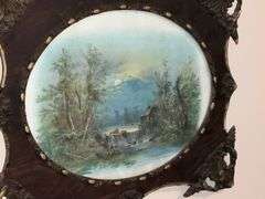 Antique frame with river scene, some damage to the frame