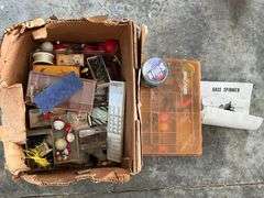Fishing tackle, hooks, bobbers, sinkers, line, tackle box, etc.