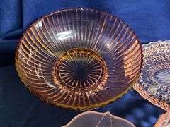 Pink Depression Glass pieces, up to 12" W