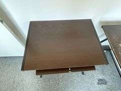 Contemporary office desk and computer work station, metal legs, composite tops, some surface wear