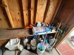 Garden supplies, flower pots, rake, Black & Decker cordless blower (no charger)