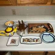 Cat teapot, wooden serving tray, footed bowl, salt & pepper shakers, etc.