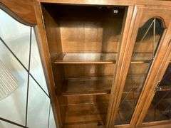 Ethan Allen two-piece china hutch, lighted, plate rails, flatware drawer