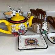 Cat teapot, wooden serving tray, footed bowl, salt & pepper shakers, etc.