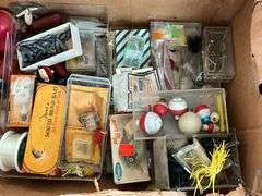 Fishing tackle, hooks, bobbers, sinkers, line, tackle box, etc.