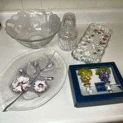 Mikasa serving bowl, oval trays, bottle stoppers