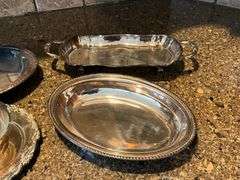 Silverplate items, 9" T pitcher, trays