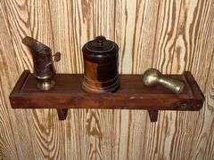 Wooden box with lid, brass pitcher, etc.