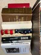 Assortment of books, Italian, dictionary, genealogy books, Holy Bible